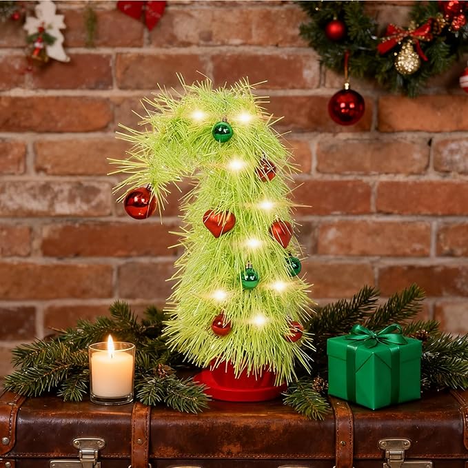 16 inch Pre-Lit Mini Christmas Tree with Ornaments Included, Lime Green Whimsical Artificial Tabletop Tree for Home, Office Desk & Holiday Decor