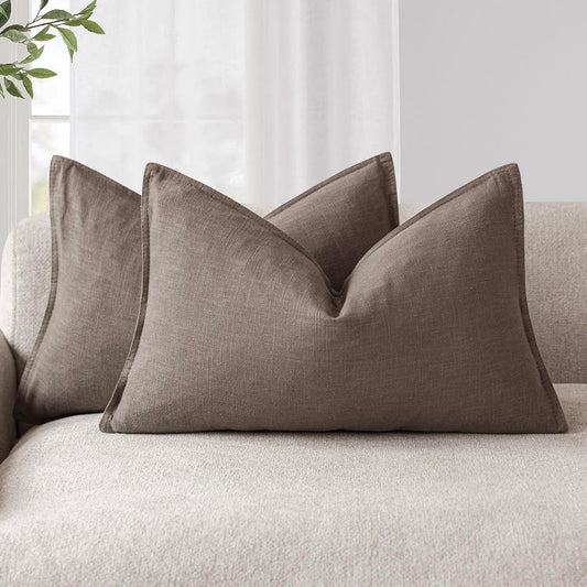Foindtower Pack of 2, Decorative Linen Soild Throw Pillow Covers Accent Lumbar Cushion Case Boho Farmhouse Pillowcase for Chair Couch Sofa Bedroom Living Room Home Decor 12x20 Inch Light Coffee