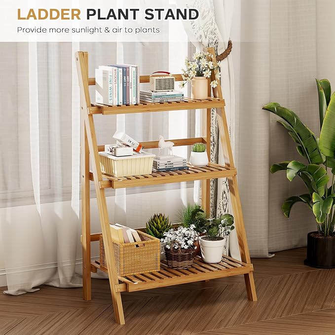 Foldable Plant Shelf Ladder Shelf, 3 Tier Bamboo Ladder Flower Pot Display Shelf, Freestanding Ladder Bookshelf Rack for Garden, Balcony, Yard, Living Room, 23.6" W x 15" D x 39.4" H, Natural