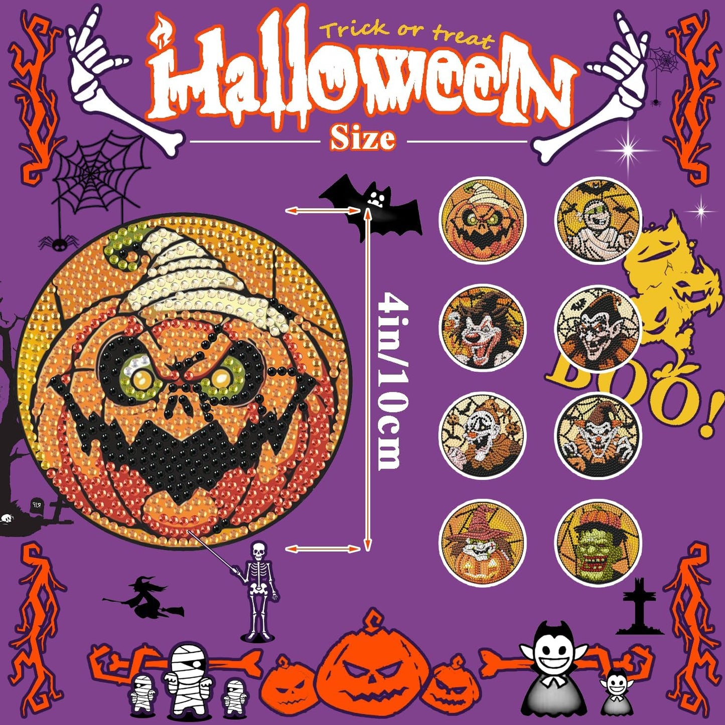DOTSOPS Halloween Diamond Painting Coaster Set with Holder Diamond Art Kits for Adults Beginners and Kids Birthday Craft Supplies Party Fesstival Decor Set of 8