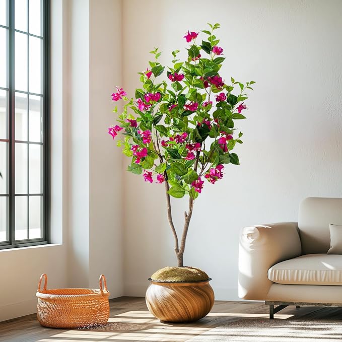 5FT Artificial Bougainvillea Tree Artificial Tree Tall Potted Fake Bougainvillea Trees for Outdoor Indoor Lifelike Potted Faux Plants with Wood Trunk and Flowers Office Wedding Home Decor