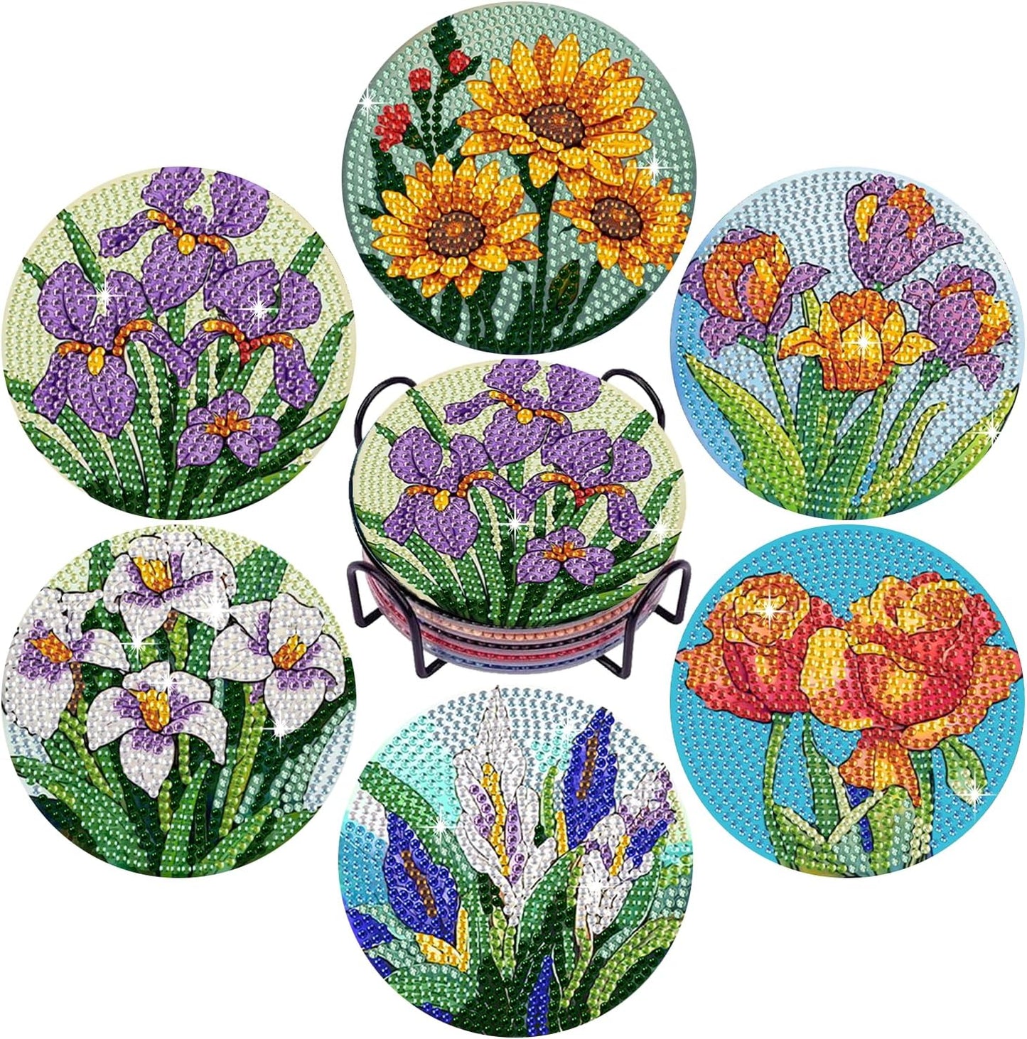 Leatrice 6PCS Flower Diamond Art Coasters Small Diamond Painting Kits for Adults Diamond Dots Round Full Drill Diamond Coasters with Holder Easy Art Crafts for Beginners Women
