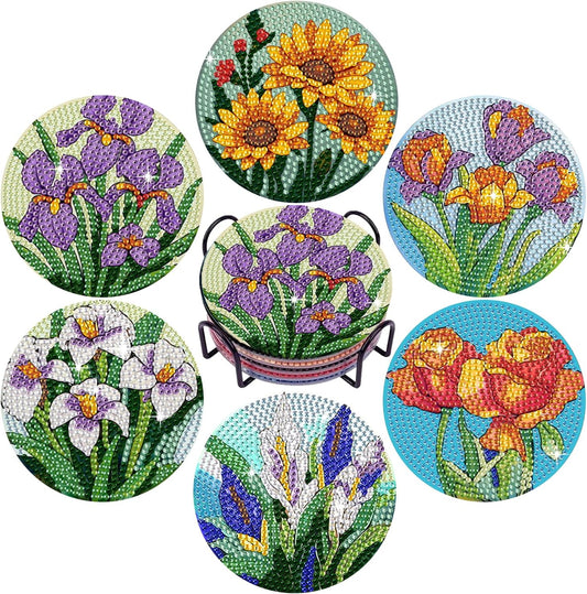 Leatrice 6PCS Flower Diamond Art Coasters Small Diamond Painting Kits for Adults Diamond Dots Round Full Drill Diamond Coasters with Holder Easy Art Crafts for Beginners Women