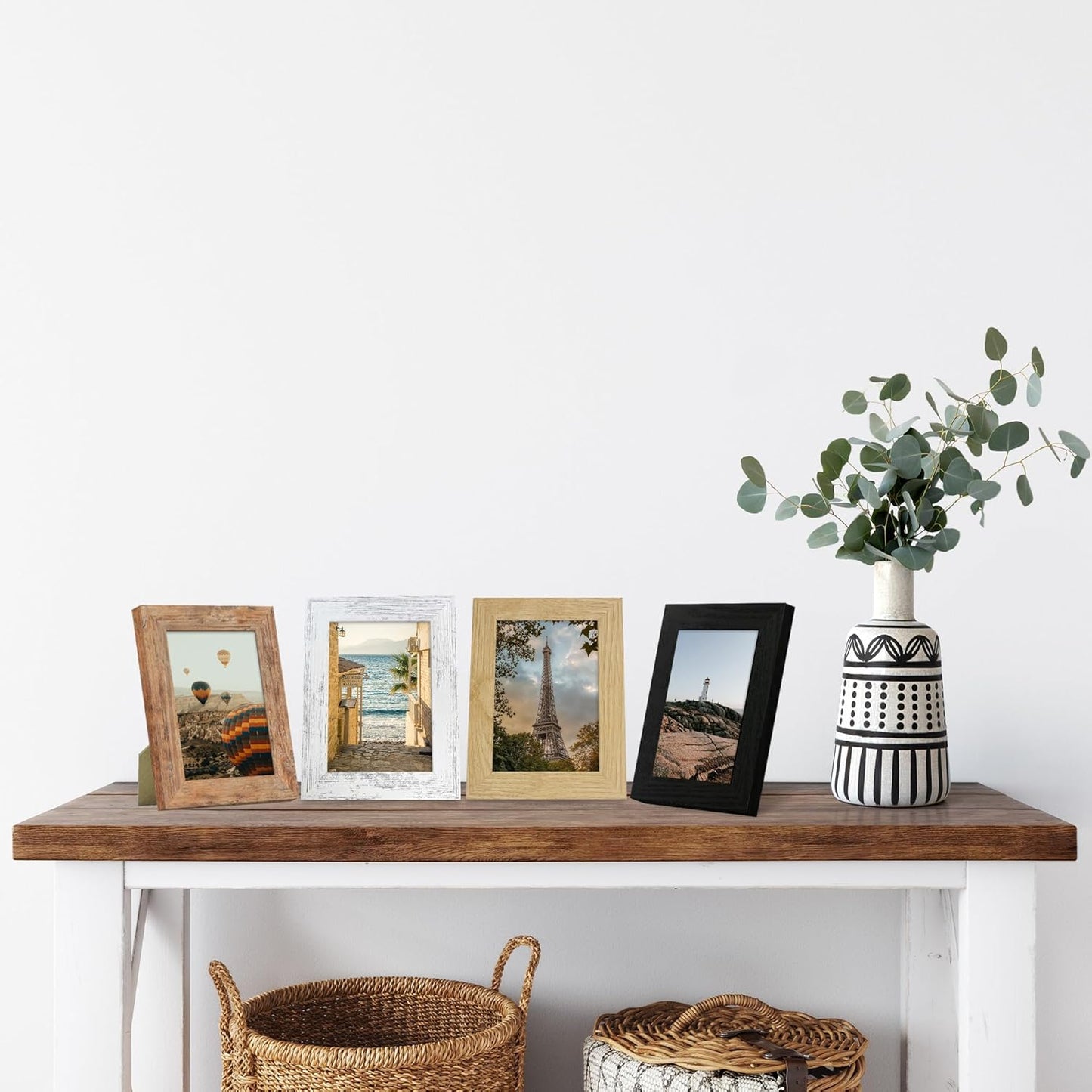 iRahmen 4x6 Picture Frame Set of 4, High Definition Real Glass 4 x 6 Photo Frames for Tabletop Display and Wall Mounting (Distressed White+Oak+Rustic Brown+Black)
