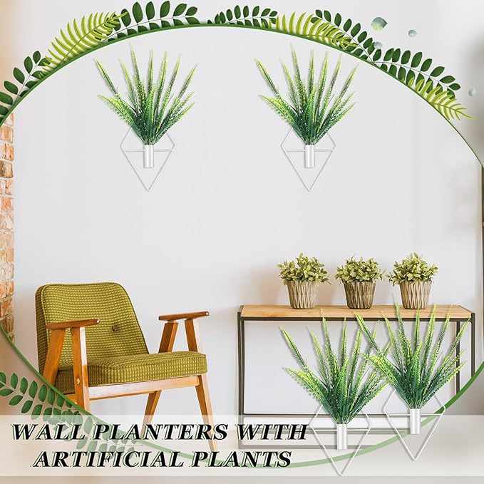 2 Pieces Wall Decor Hanging Planters with Artificial Plants Metal Hanging Vase Indoor Plants Holder Modern Boho Wall Art for Bathroom Bedroom Living Room Decor (White,Boston Fern)