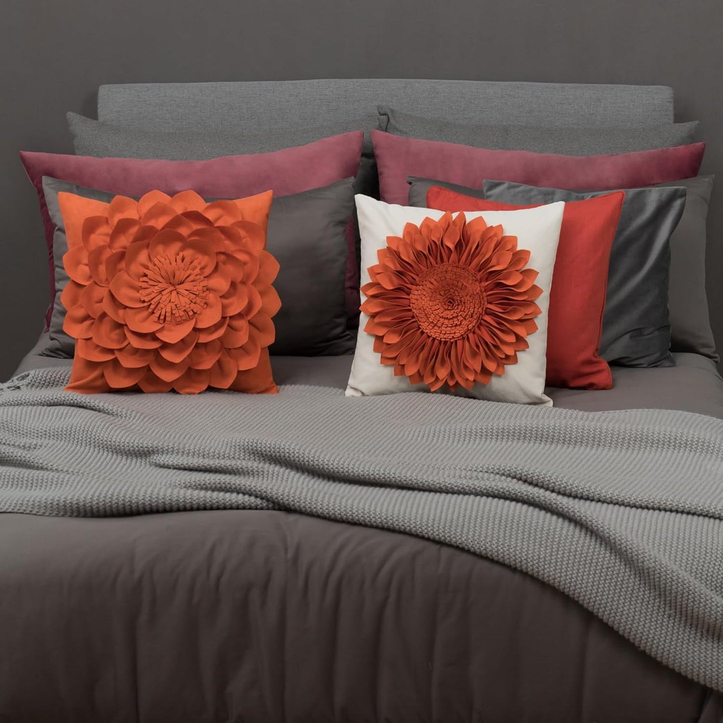 Fall Decorative 3D Flower Throw Pillow Covers Handmade Pillowcases for Sofa Bed Home Room Decor 18 x 18 Inch Pumpkin Orange
