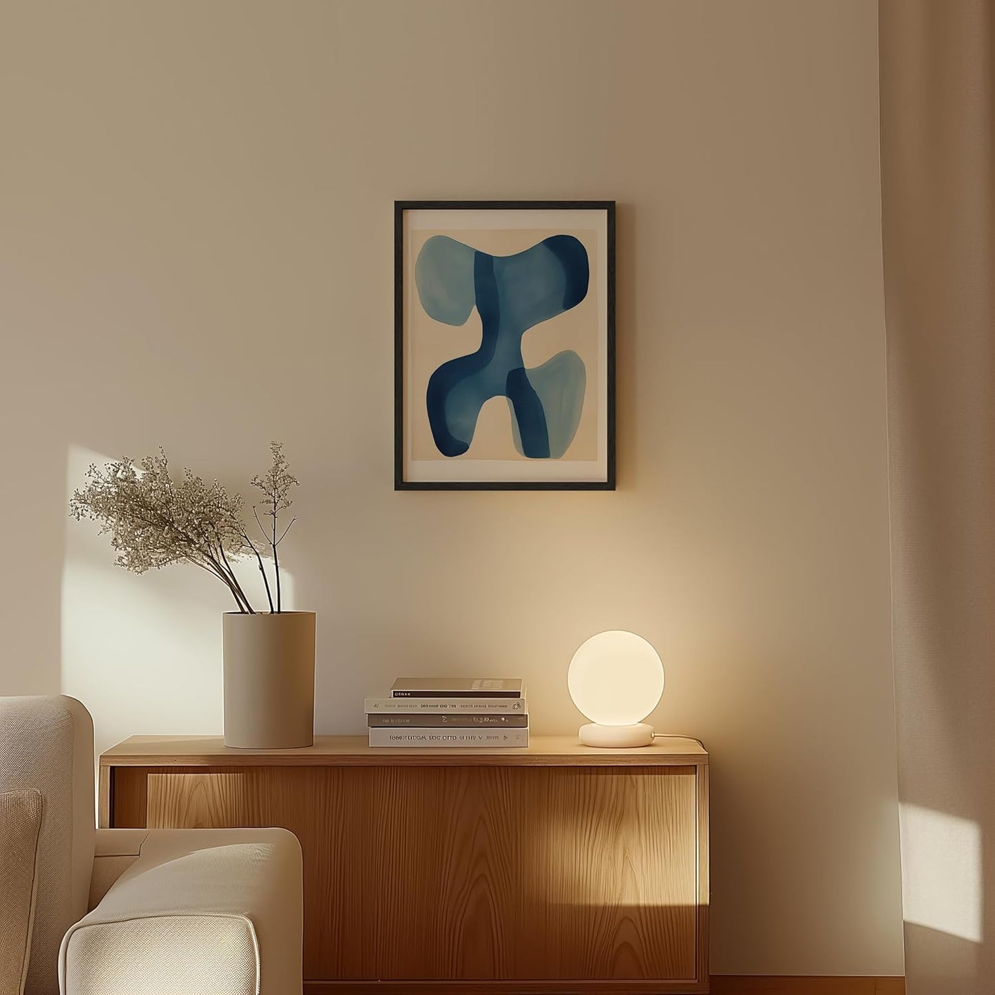 HAUS AND HUES Modern Abstract Wall Art - Blue and Green Living Room Art, Modern Artwork for Walls, Minimalist Picture for Living Room(Blue Shapes, Black Frame, 12x16)