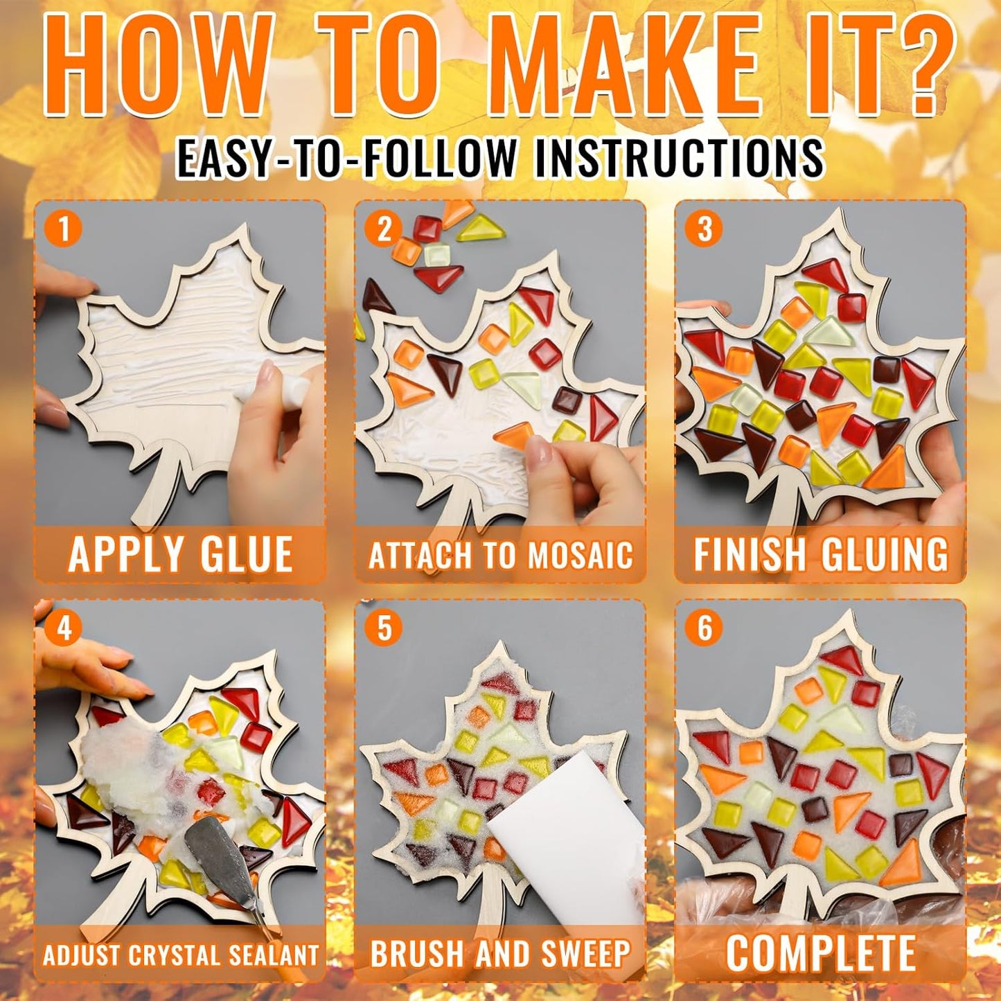 Honeydak 6 Sets DIY Glass Mosaic Tiles with 6 Wooden Coasters Making Mosaic Crafts Material Package Mixed Stained Glass for Handmade Colorful Home Decor Gift Indoor(Maple Leaf,Autumnal Color)