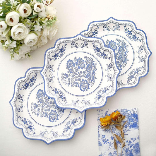 Efavormart 25 Pack | 8" White/Blue Chinoiserie Floral Print Paper Dessert Plates With Scalloped Rims, Disposable Salad Appetizer Plates - 300 GSM