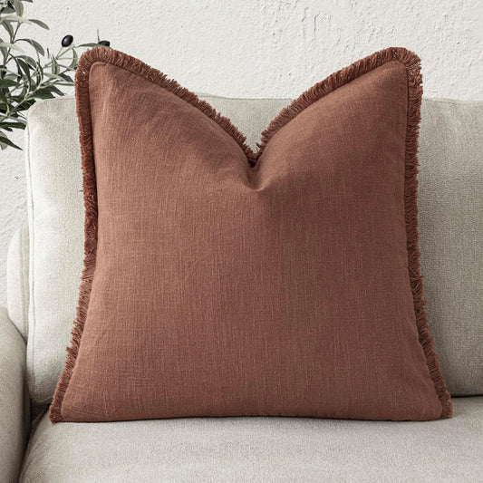 Foindtower Decorative Linen Fringe Throw Pillow Covers Cozy Boho Farmhouse Cushion Cover with Tassels Soft Accent Pillowcase for Chair Sofa Bed Living Room Home Decor, 24×24 Inch,1PC,Rust Red