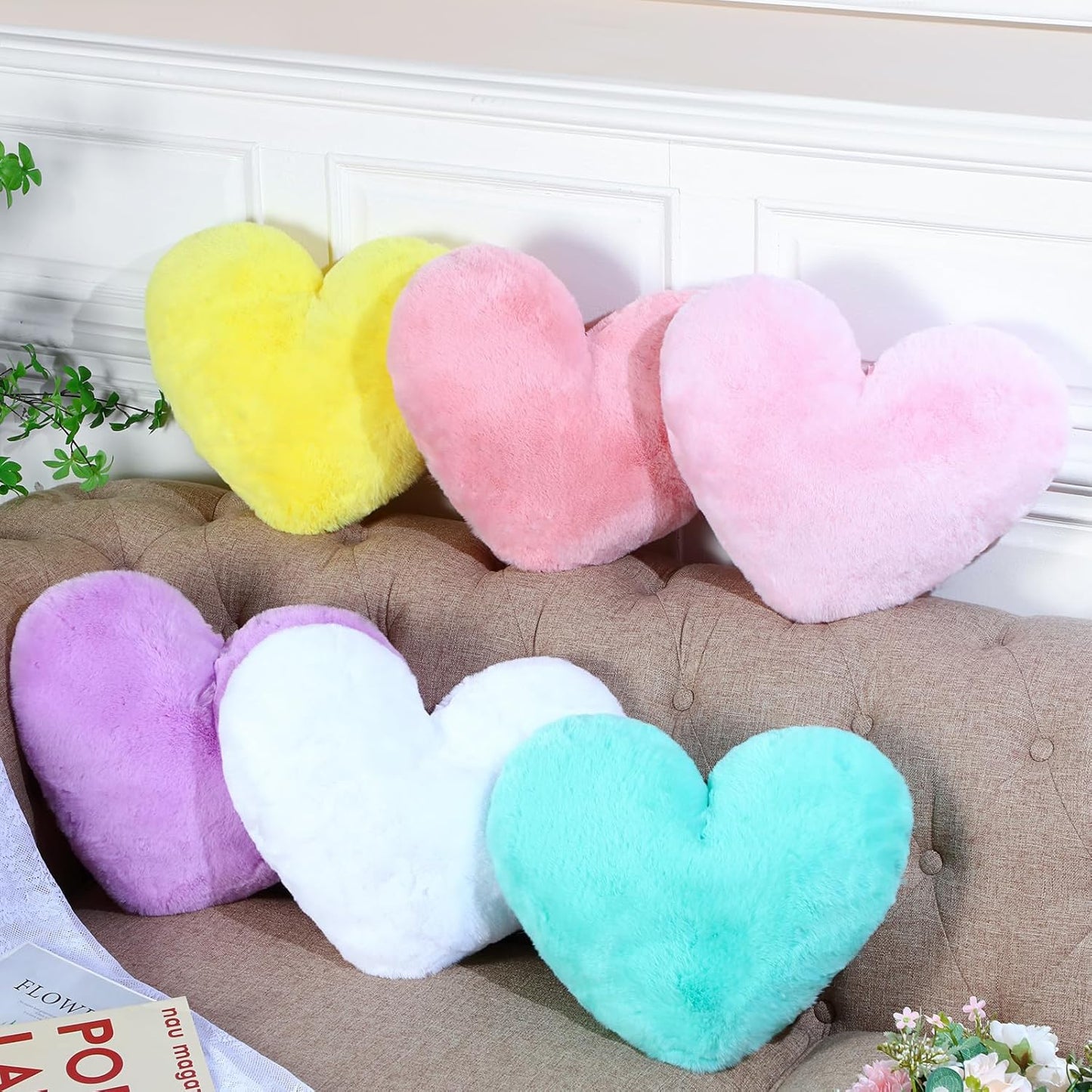 Liliful 6 Pcs Faux Rabbit Fur Heart Pillows Helloween Fluffy Heart Throw Pillows Christmas Cute Couch Cushion Soft Decorative Throw Cushion for Bed Sofa Girls Women(17 x 14 Inch,Candy Color)