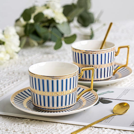 CwlwGO-Bone China Cups & Saucers Set of 2 (7 oz) with Gold Spoon and Gifts Box, White Tea Cups Sets,Cappuccino Cups,Ceramic British Coffee Cup Set.