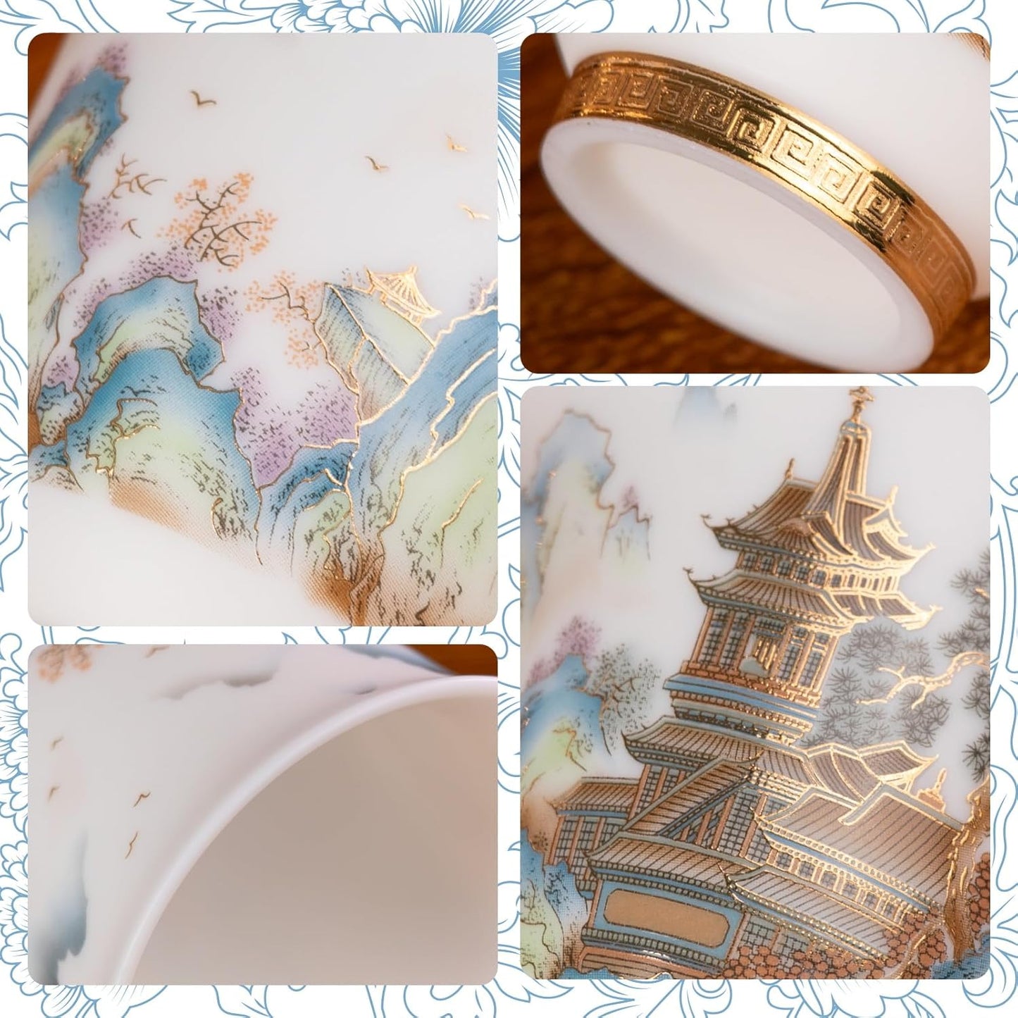 KAMMAK Ceramic Tea Cups Small, Cute Vintage Coffee Cup Set of 2, Porcelain Teacups Espresso Mug, 4.1oz Hand Painted Chinese Afternoon Tea Party Mugs, Birthday Gift for Women Men, Spring Beauty