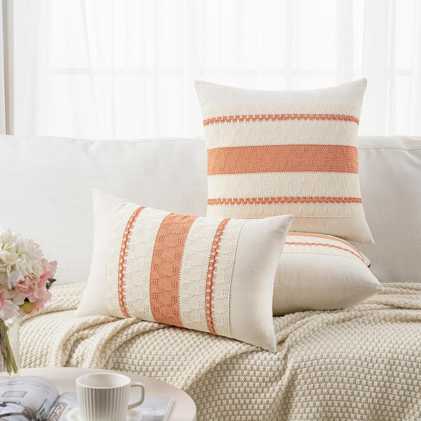 Fancy Homi Set of 1 Boho Coral Decorative Throw Pillow Cover 18x18 Inch for Couch Bed Sofa, Aesthetic Modern Organic Farmhouse Home Decor, Soft Cotton Cute Accent Macrame Woven Cushion Case