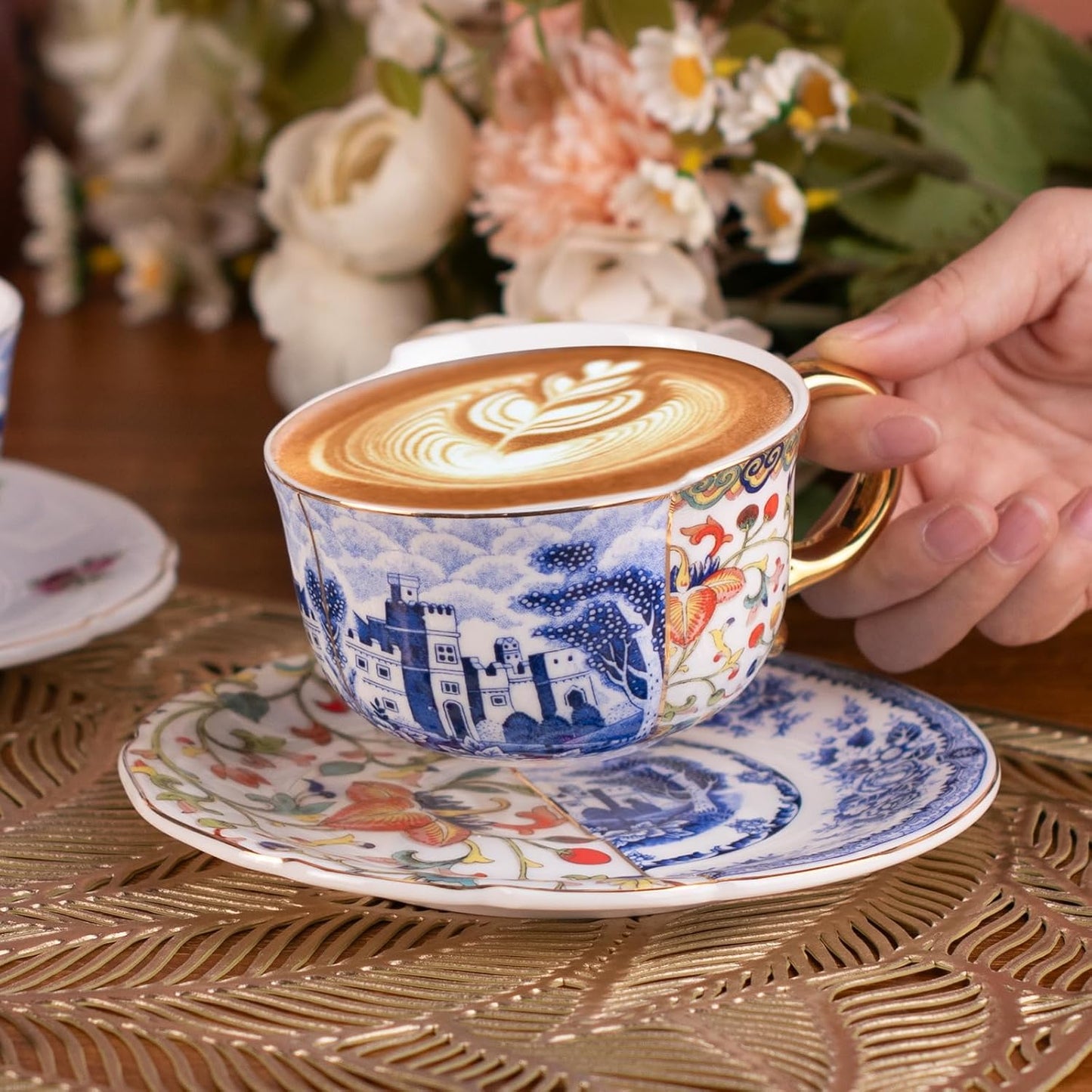 KAMMAK Tea Cups and Saucers Set of 2, Fine Bone China Coffee Cups, 8.5-Ounce Stackable Espresso Mugs, Ceramic Demitasse for Coffee, Cappuccino, Latte, Americano, Tea, Doozy + Rose