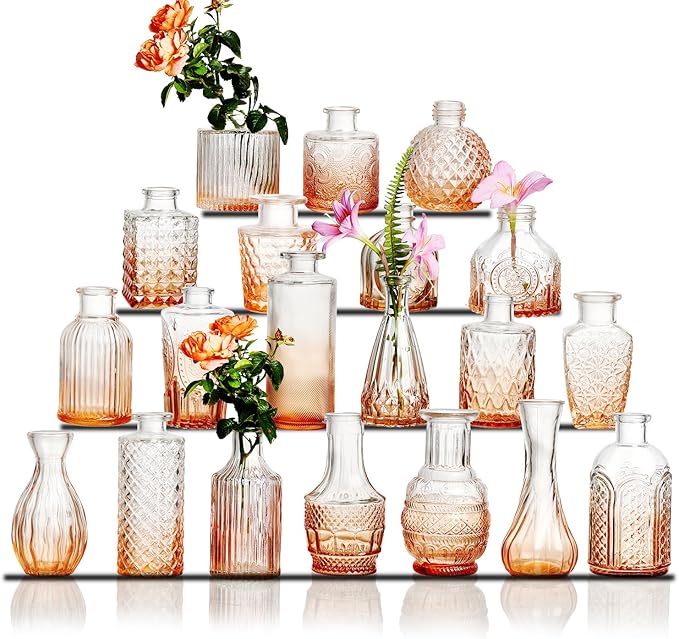 Glass Bud Vase Set of 20 - Small Vases for Flowers in Bulk - Assorted Vintage Crystal Vases for Flowers, Table Centerpieces (Amber, 20 Pcs)