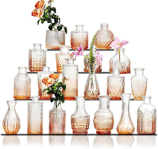 Glass Bud Vase Set of 20 - Small Vases for Flowers in Bulk - Assorted Vintage Crystal Vases for Flowers, Table Centerpieces (Amber, 20 Pcs)