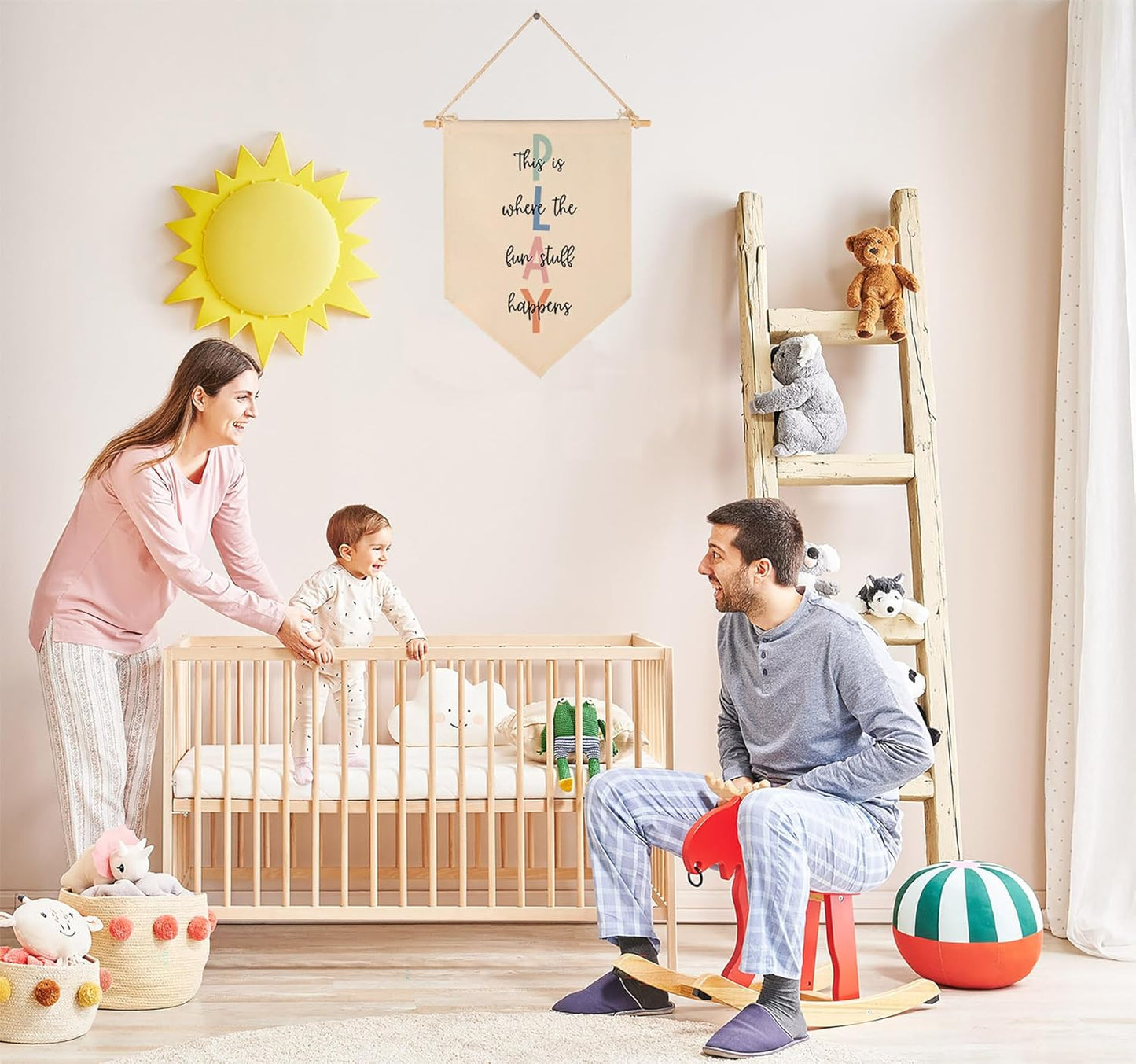 Let's Play Sign-This Is Where The Fun Stuff Happens- Flag Decor Gift for Kids Baby Boys Girls Newborn - Banner Wall Sign Gifts for Playroom Nursery Baby Room Bedroom Front Door