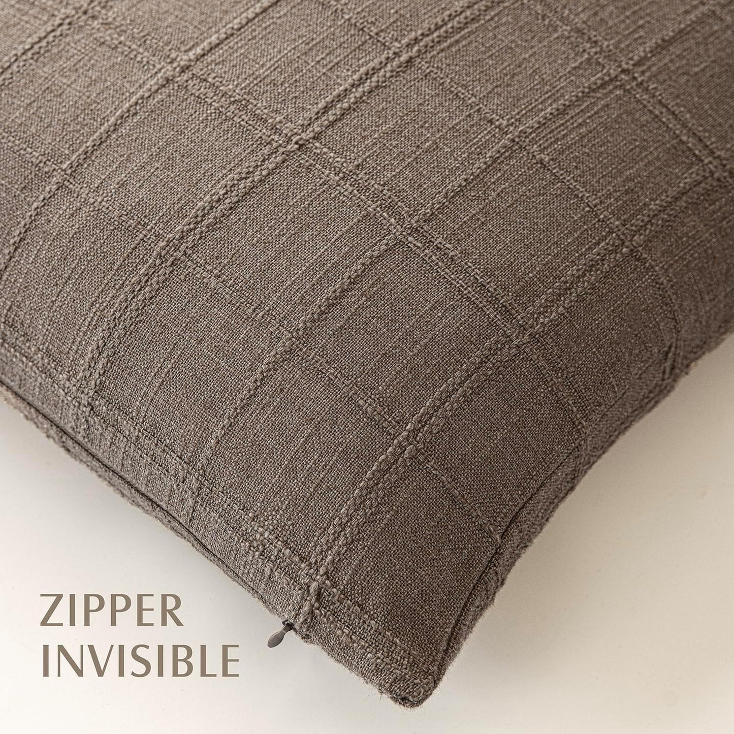 Foindtower Set of 2 Decorative Linen Check Throw Pillow Covers Neutral Farmhouse Vintage Cushion Covers Modern Boho Home Decor for Sofa Chair Couch Bedroom Living Room,26×26 Inch,Taupe Grey