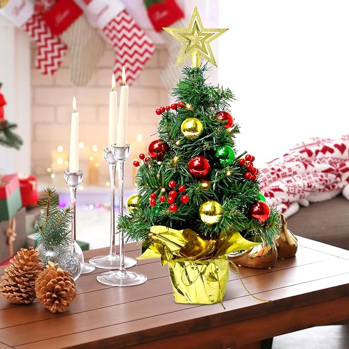 Tabletop Christmas Tree with LED String Lights,22In Pre-Decorated Mini Artificial Christmas Tree for Desktop,Star Treetop and Colored Oranments for Home Indoor Holiday Christmas Decoration-Red