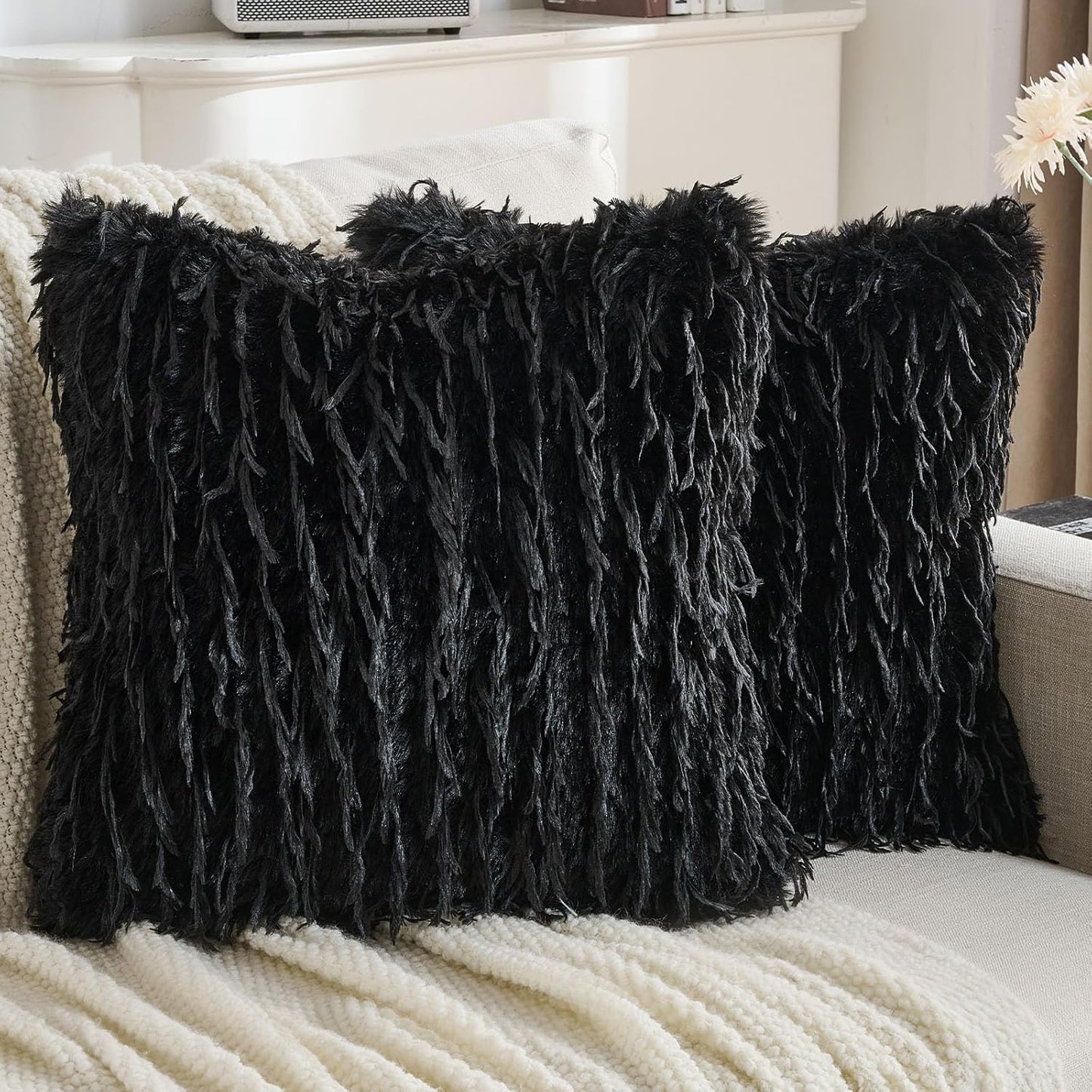FUTEI Black Decorative Throw Pillow Covers 18x18 Inch Set of 2,Soft Fluffy Faux Feather Texture Cushion Cases,Modern Home Luxury Decor for Couch Bed Living Room