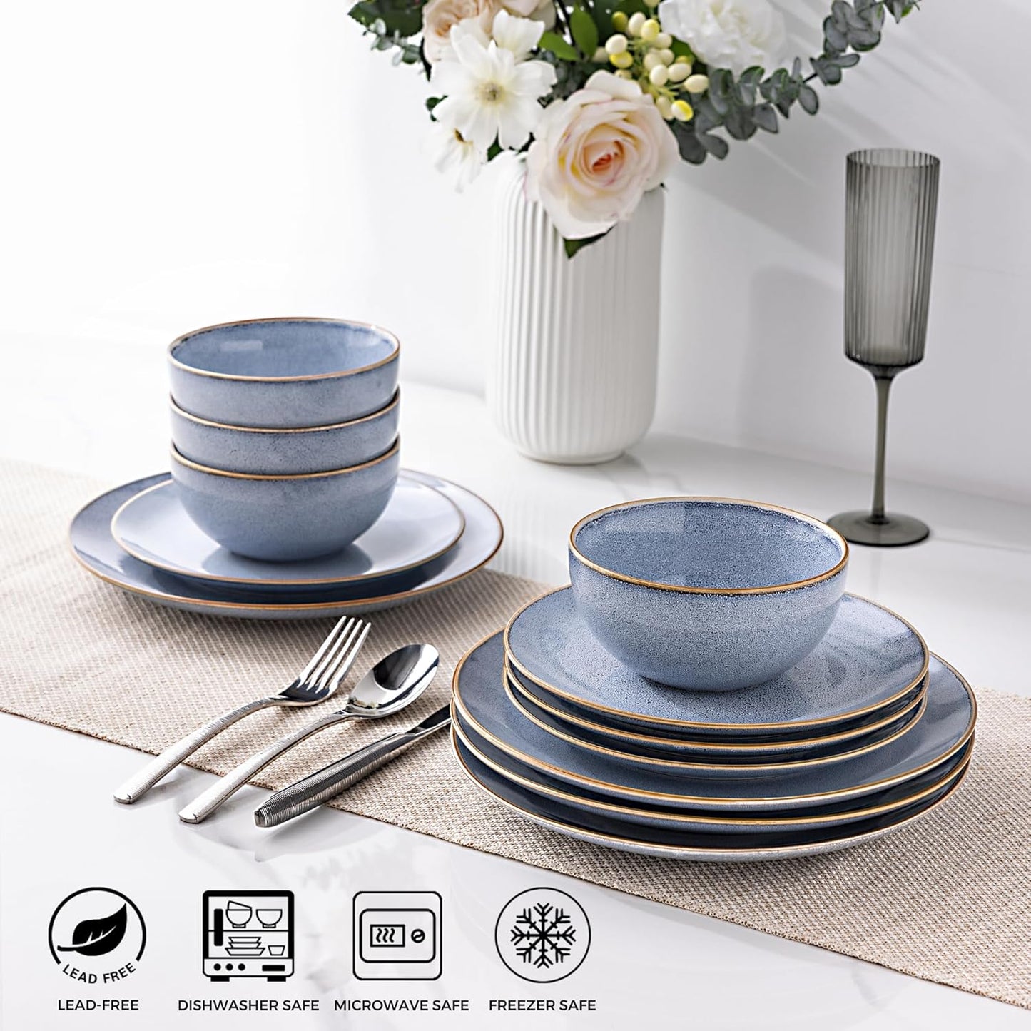 GBHOME Ceramic Dinnerware Sets for 4, 12 Pieces Stoneware Plates and Bowls Sets, Reactive Glaze Dishes -Scratch Resistant, Dishwasher&Microwave Safe- Brunnera Blue