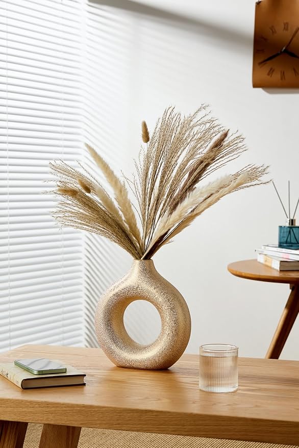 Set of 2 Donut Hollow Ceramic Vase Handmade Minimalist Boho ins Style, Modern Vase for Home Decor for Wedding Dinner Table Party Living Room Office Bedroom (Gold, Extra Large + Large)