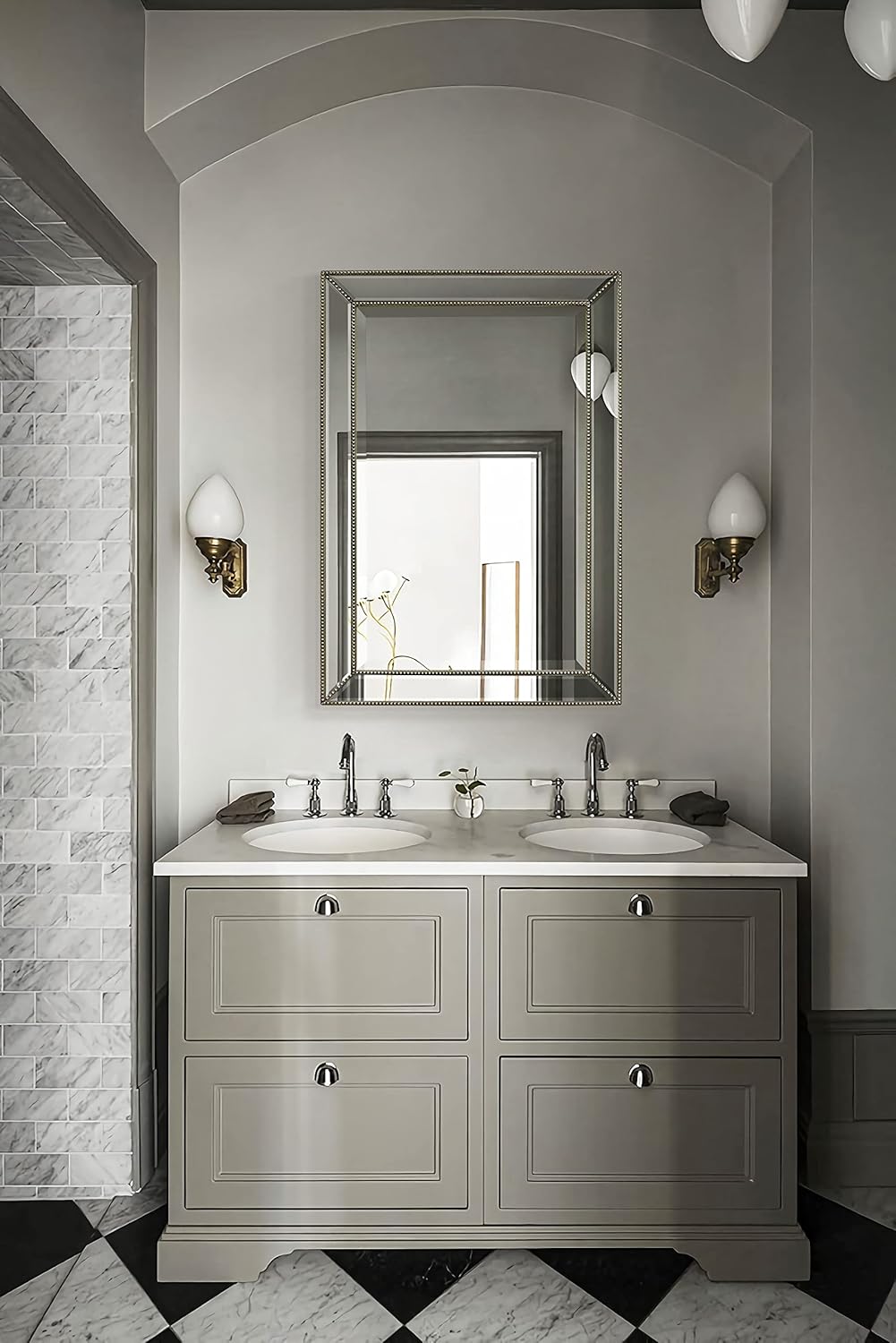 Metro Beaded Mirror Wooden Frame Bathroom Mirror 24"x36" Large Framed Deco Wall Mirror with Angled Beveled Mirror Frame for Living Room Entryways, Washrooms