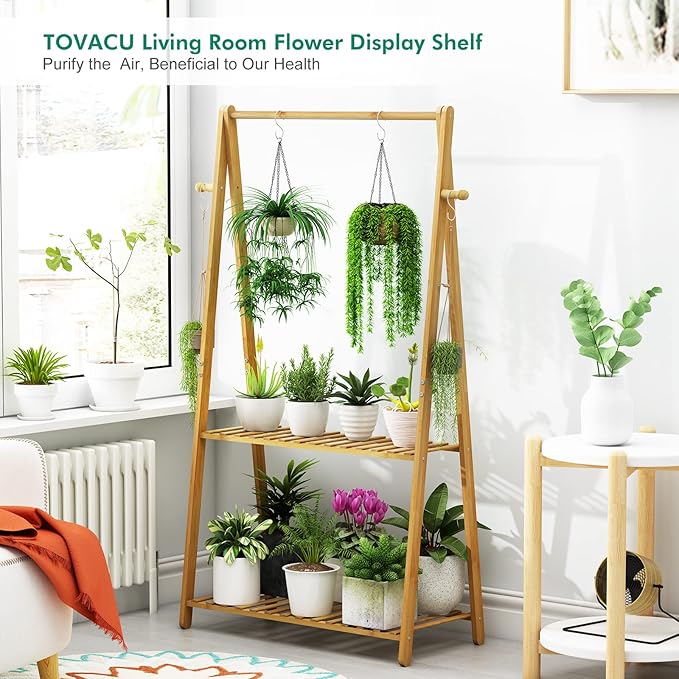 Hanging Plant Shelf Indoor Outdoor Plant Stands Wood Flower Stand 2 Tiered Bamboo Plant Shelves Holder Rack for Patio Balcony Garden (Tall,50 inch)