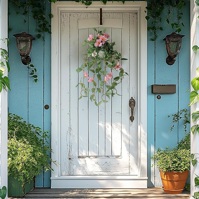 2PCS Artificial Hanging Plant with Pot Faux Hanging Plants Small Hanging Plants Pot with Artificial Vines and Flower Greenery Decoration for Living Room Wall Home Wall Shelf (Stripe Pink)