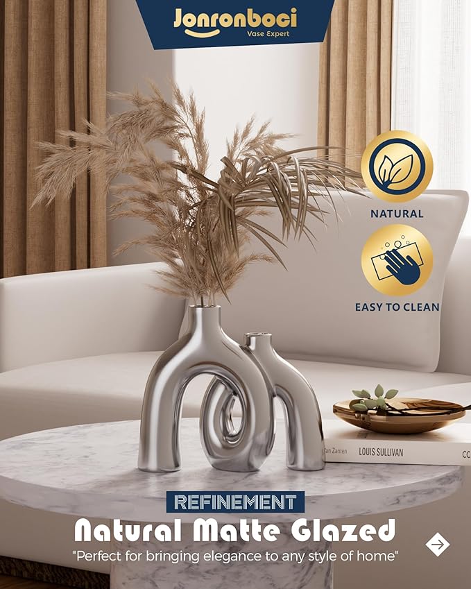 Hug Donut Decorative Vase Set - Silver Vase, Modern Nordic Boho Style Vases Home Decor, Matte Ceramic Decorations for Living Room Shelf, Bookshelf Mantle Entryway Table or Console Décor (Silver)