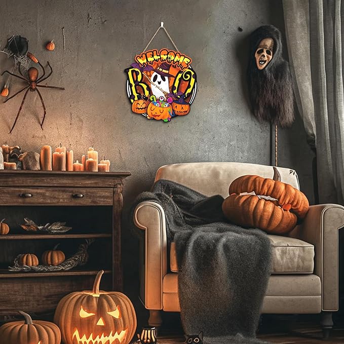 Welcome Halloween Door Sign,Ghost Door Wreath,Pumpkin Wall Sign,Pumpkin Ghost Wall Decoration,Funny Boo Welcome Halloween Plaque for Party Home Porch Yard Office Outdoor Nursery Living Room