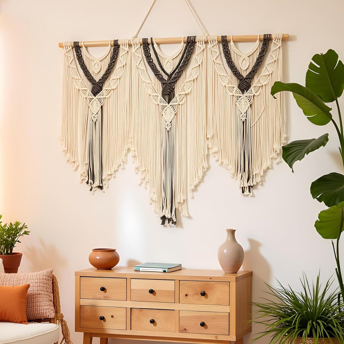 guzhiou large macrame wall hanging - Boho Tapestry Macrame Wall Decor Art- Chic Bohemian Handmade Woven Tapestry Home Decoration for Bedroom Living Room Apartment Wedding Party - 43"x32" (Beige-grey)