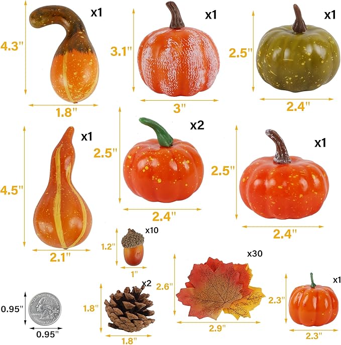 winemana Thanksgiving Fall Decorations for Home-6pcs Mini Pumpkins & 2pcs Gourds, 30pcs Leaves & 10pcs Acorns, 2pcs Pinecones Centerpiece Set-Harvest Decor for Table Mantel (Largest: 4.5" x 2.1")
