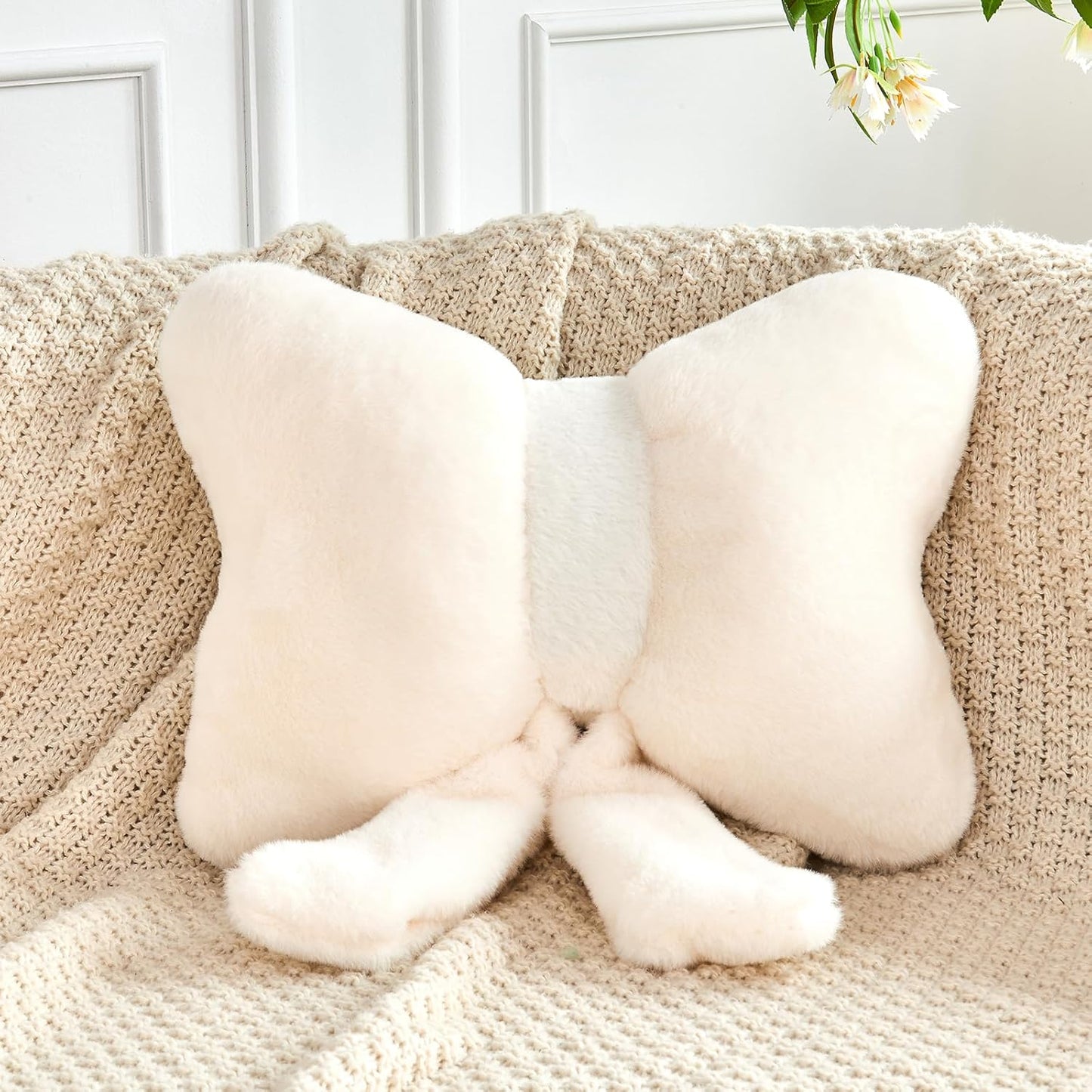 Ivory Bow Pillow, Soft Bow Decorative Pillows with Faux Rabbit Fur, Cute 12" Bow Throw Pillows, Aesthetic Home Decor Bow Shaped Plush Pillow for Bedroom Sofa Couch