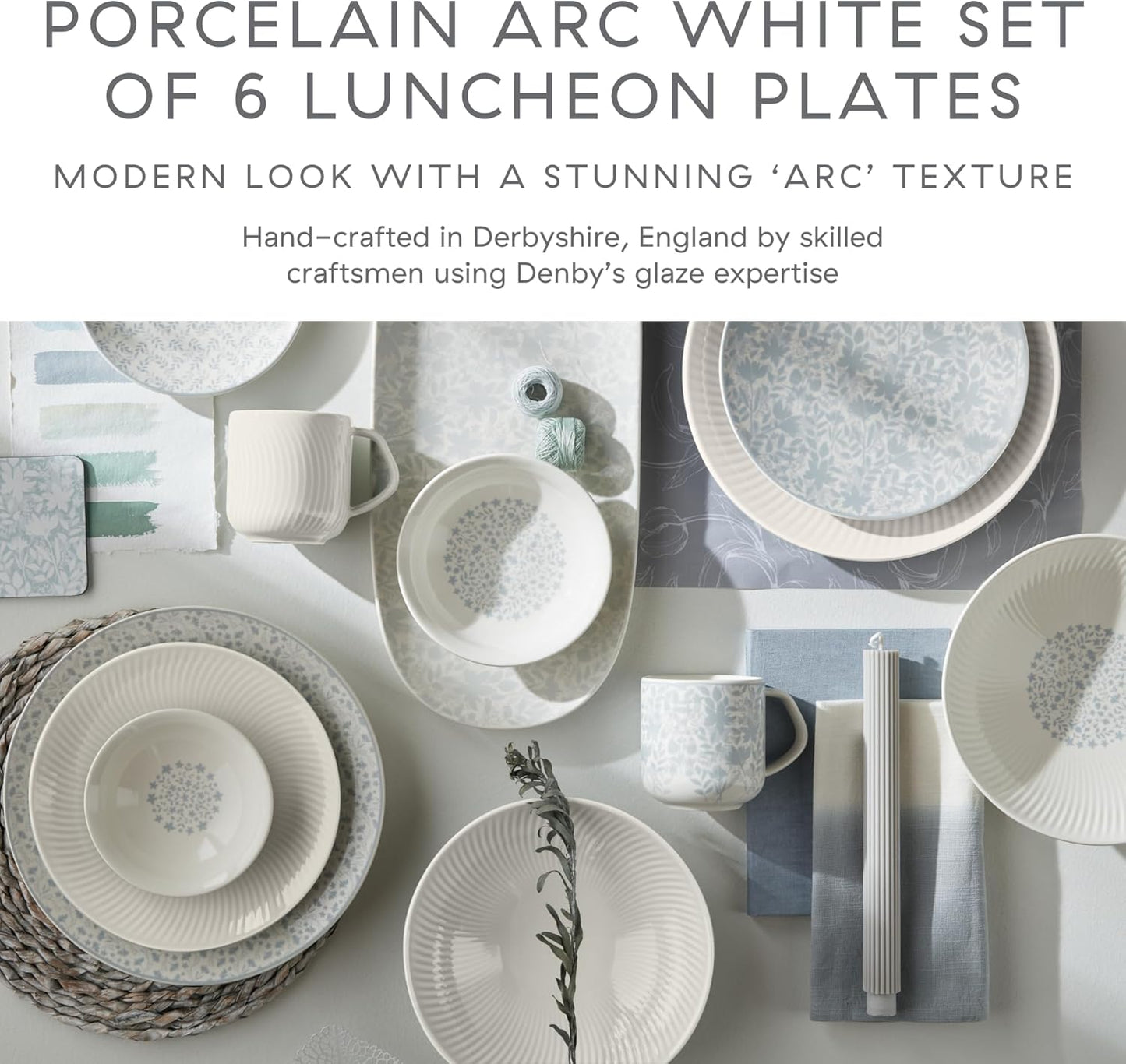 Denby - Arc White Porcelain Medium Plates Set of 6-9 Inch Glazed, Dishwasher Microwave Oven Safe - Scratch Chip Resistant Lunch, Appetizer, Dessert Plates - Dinnerware Plate Set