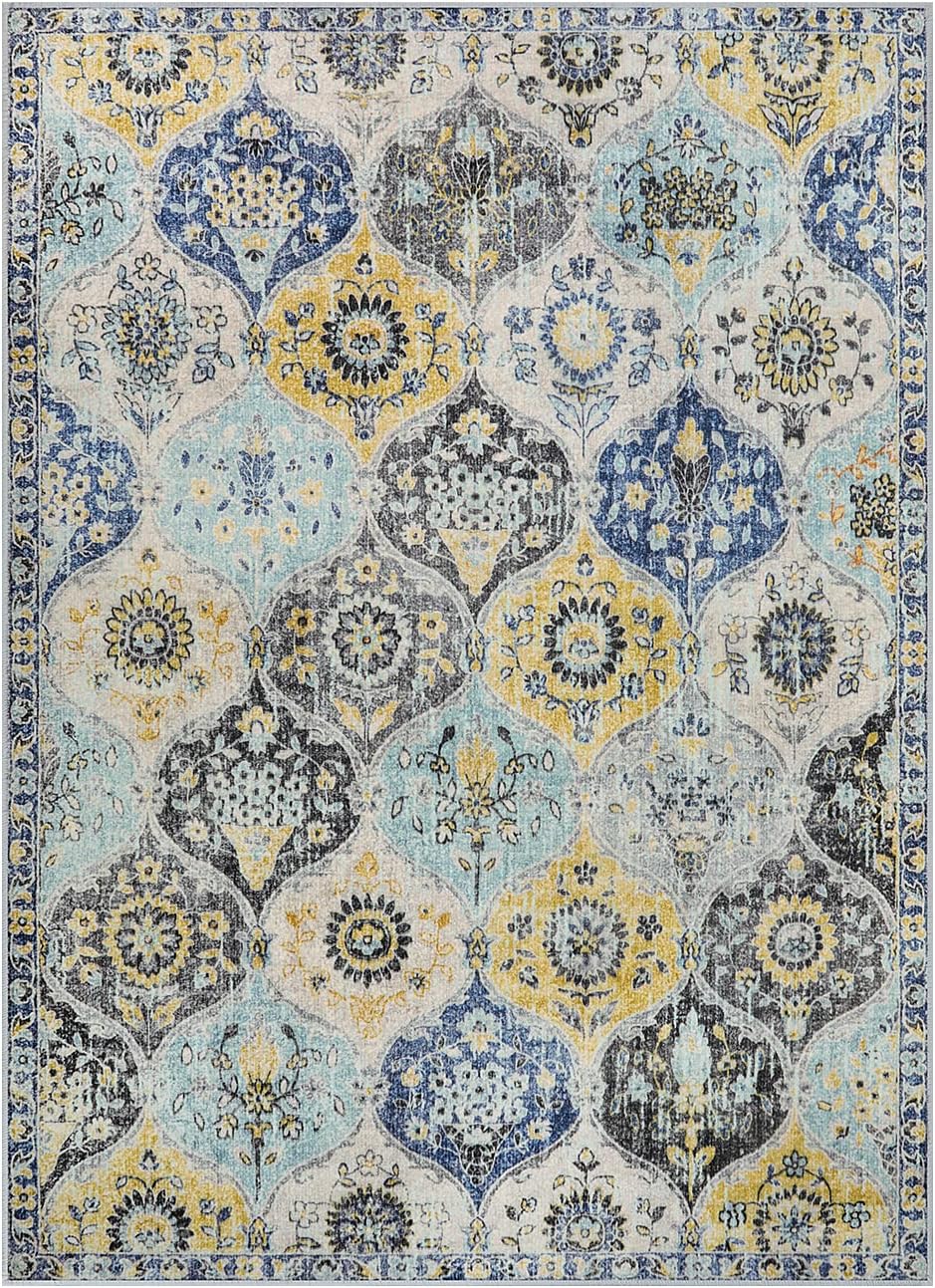 Lahome Moroccan Trellis Washable Area Rugs 5x7, 5x7 Area Rugs for Living Room Bedroom, Indoor Non-Slip Large Oriental Accent Throw Carpet for Kitchen Entryway Bathroom Office, Yellow/Aqua