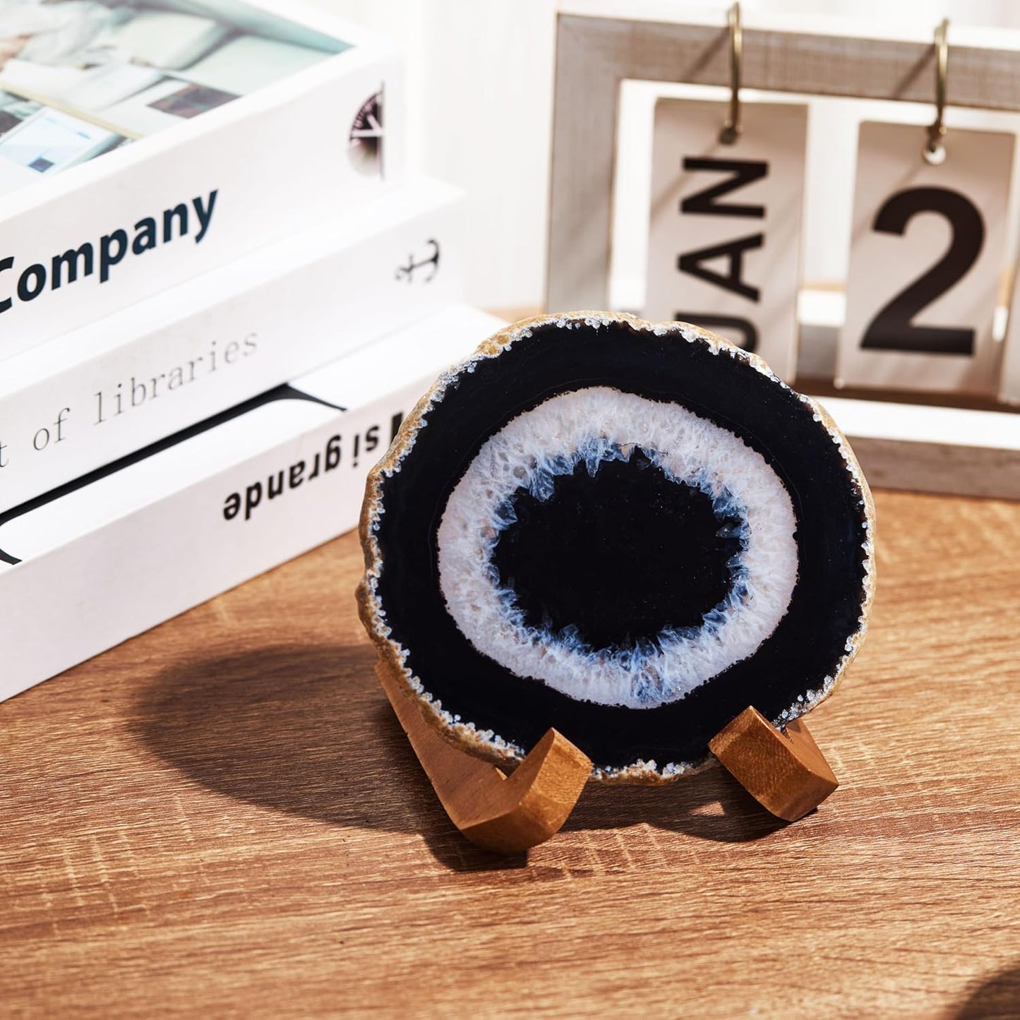 Luxury Lane Large Natural Brazilian Agate Slice Geode Rock Stone Drink Coaster with Wood Holder 4.7-5.5 inch Centerpiece Table Decoration, Black Space