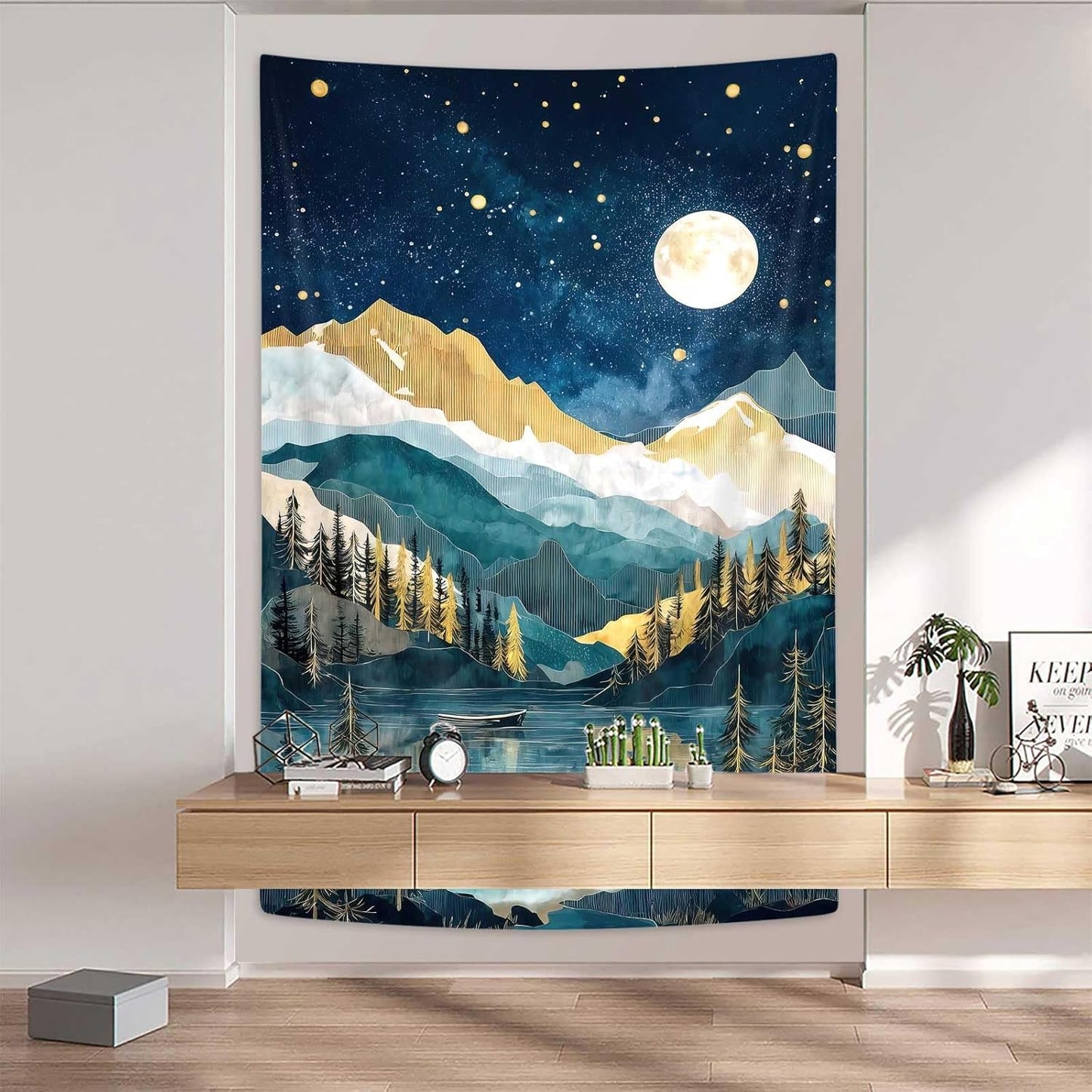 DYNH Boho Mountain Vertical Tapestry, Nature Forest Tree Lake Moon Tapestries, Bohemian Minimalist Mid Century Night Tapestry Wall Hanging for Bedroom College Dorm Asthetic Home Decor,60X80Inches