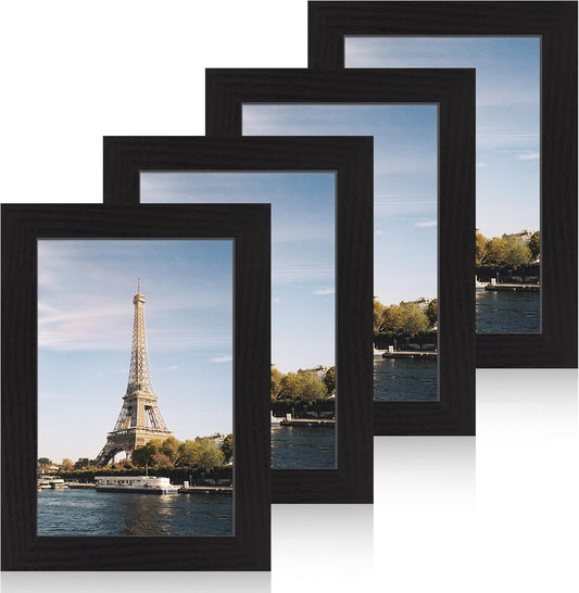 iRahmen 6x9 Picture Frame Set of 4, Black Frame with High Definition Glass, Wood Rustic 6 x 9 Photo Frames for Horizontal or Vertical Table Top and Wall Mounting