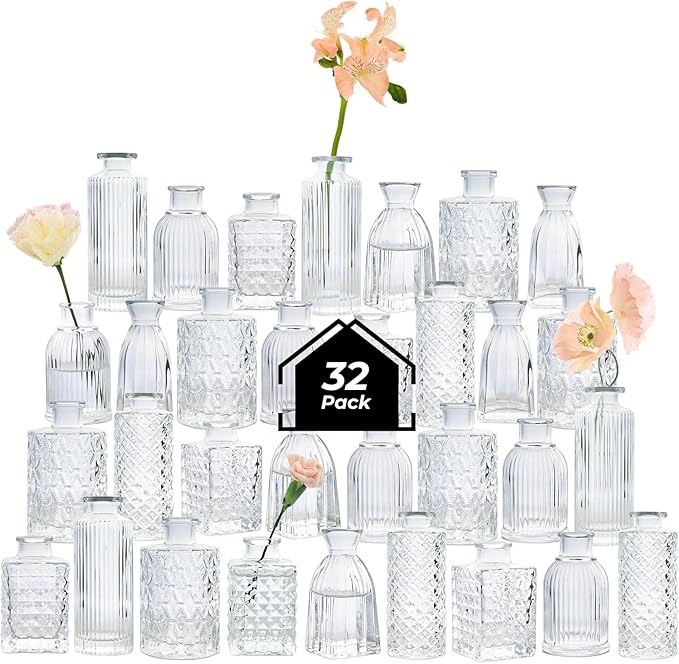 ComSaf Glass Bud Vases Set of 32, Small Clear Bud Vases in Bulk, Mini Flowers Vases for Centerpieces, Vintage Bottle Set for Table Decorations, Wedding Decor, Recepetion, Home, (Clear)