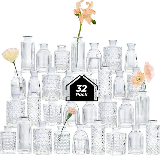 ComSaf Glass Bud Vases Set of 32, Small Clear Bud Vases in Bulk, Mini Flowers Vases for Centerpieces, Vintage Bottle Set for Table Decorations, Wedding Decor, Recepetion, Home, (Clear)