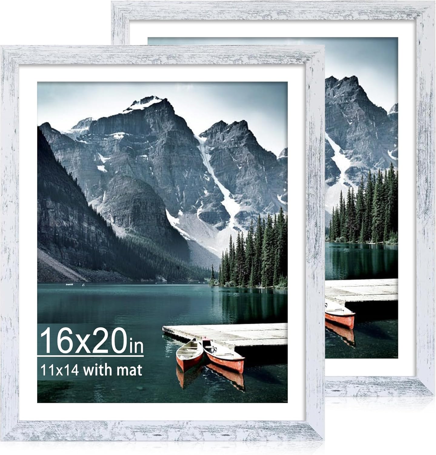 iRahmen 16x20 Picture Frame Set of 2 with Plexiglass, Distressed White Wood Poster Frame Display Pictures 11x14 with Mat or 16 x 20 Without Mat for Photo Wall Mounting