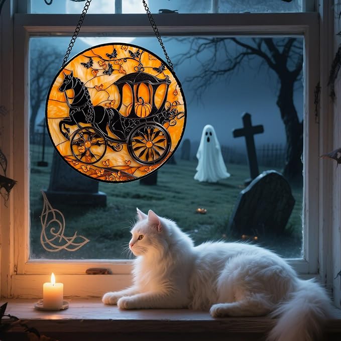 Stained Glass Window Hanging - Halloween Pumpkin Carriage Suncatcher for Doors Window Garden Indoor Spooky Funny Orange Sun Catchers Gothic Decor Horror Gifts for Women Men Friend 11.8 in