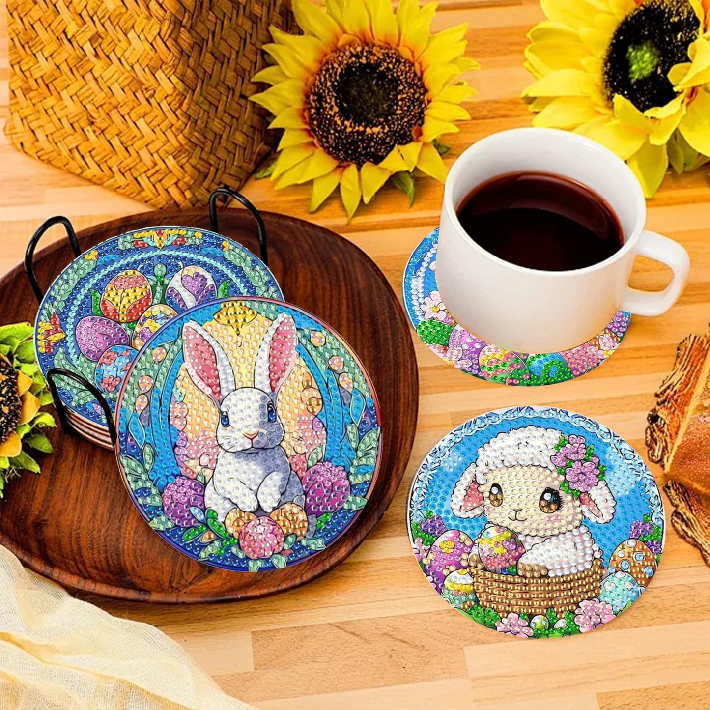 DOZEEZOP 6 PCS Diamond Art Coasters Kit, Diamond Painting Coasters with Holder, Fall Diamond Art Kits for Adults Beginners, Arts and Crafts Supplies Party Item Sets Cute Animals