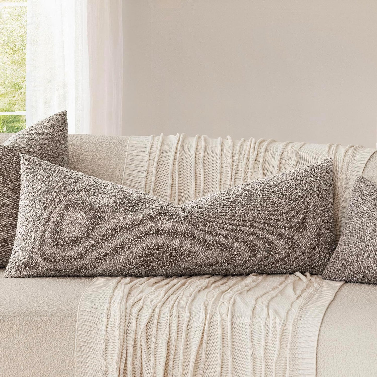 Foindtower Decorative Textured Boucle Throw Pillow Covers Accent Solid Pillow Cases Neutral Long Body Lumbar Couch Cushion Case for Chair Sofa Bedroom Living Room Home Decor 14x36 Inch,1PC,Light Taupe