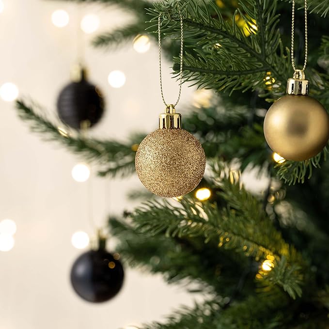 Valery Madelyn 1.57 Inches Small Christmas Tree Decorations Ornament Set for Fall Halloween, 24ct Black and Gold Shatterproof Hanging Ball Ornaments Holiday Party Decor