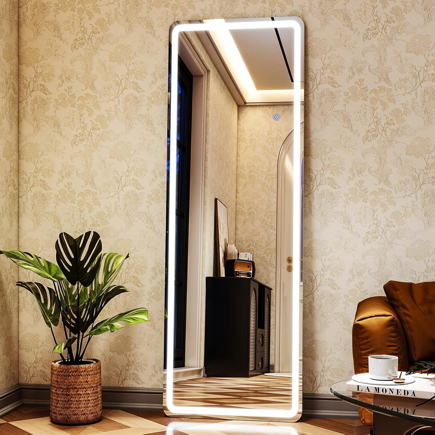 LED Rectangular Corner White Full Length Mirror - 16“ x 60” Brightness Adjustable, Touch Screen Control, Wall Mounted or Freestanding, for Bedroom Living Room Cloakroom Dressing Mirror