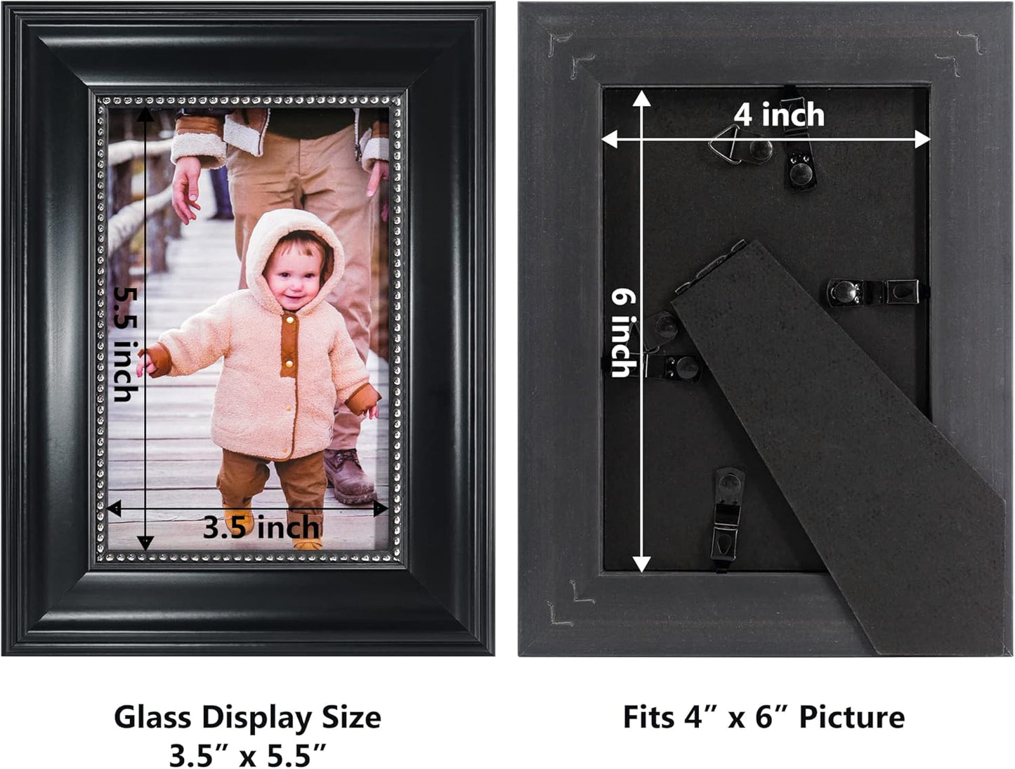 GraduationMall 4x6 Picture Frames, Real Glass, Display Photos for Wall or Tabletop, Black with Silver Beads, 2-Pack
