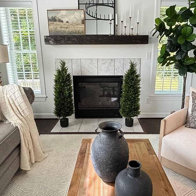 4FT Artificial Cedar Topiary Trees Set of 2, Extra Dense Foliage UV Resistant Fake Plants for Front Porch Christmas Decor, Lifelike Fake Trees Outdoor Indoor Home